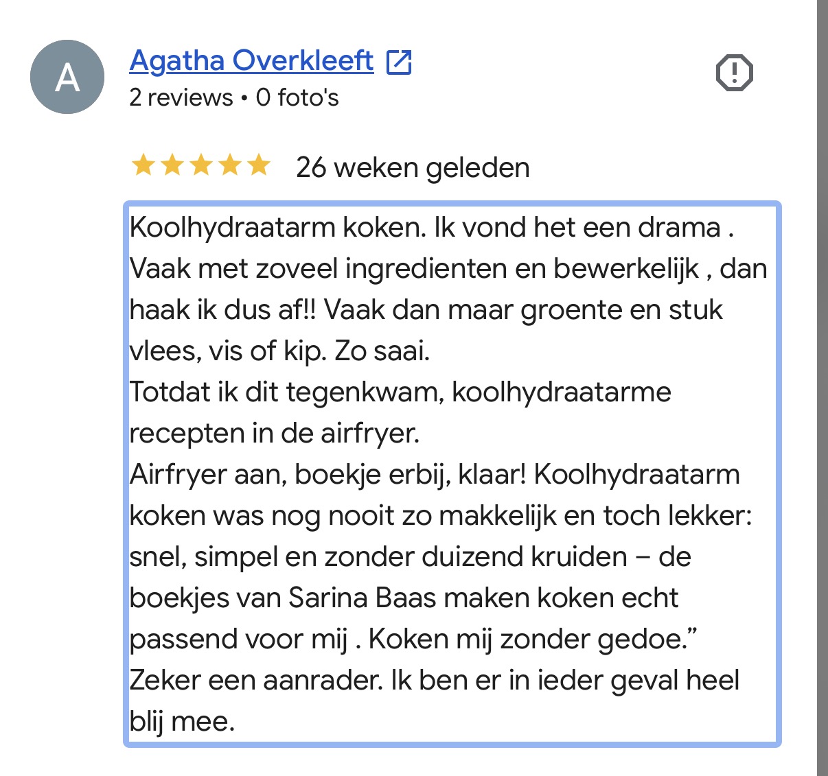 Google review Agatha: koolhydraatarme recepten in de airfryer