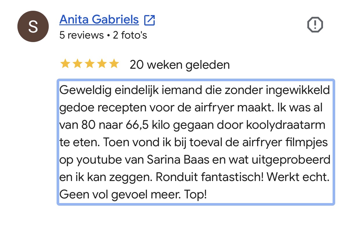 Google review Anita: airfryer recepten zonder ingewikkeld gedoe