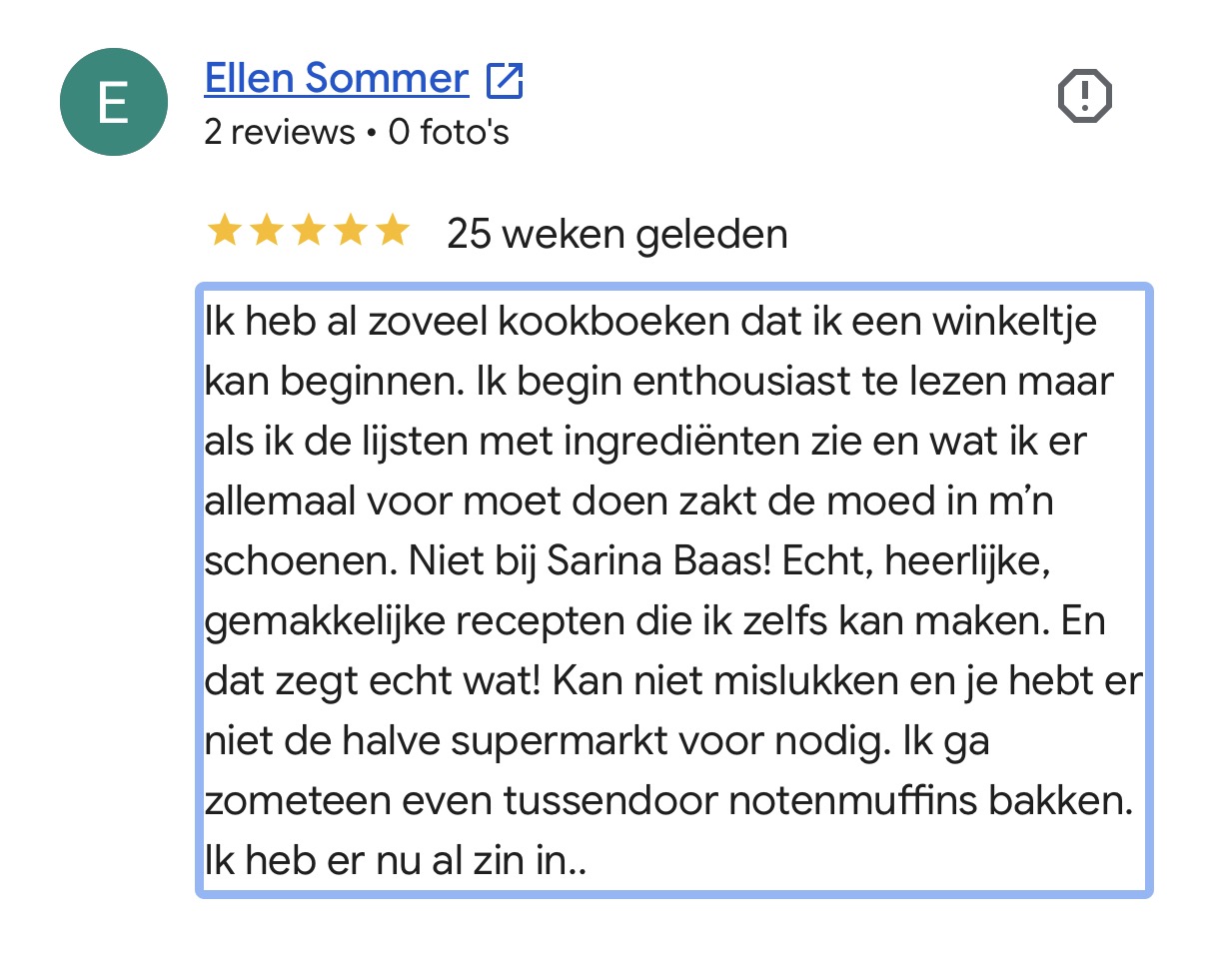 Google review Ellen: gemakkelijke recepten, geen halve supermarkt nodig