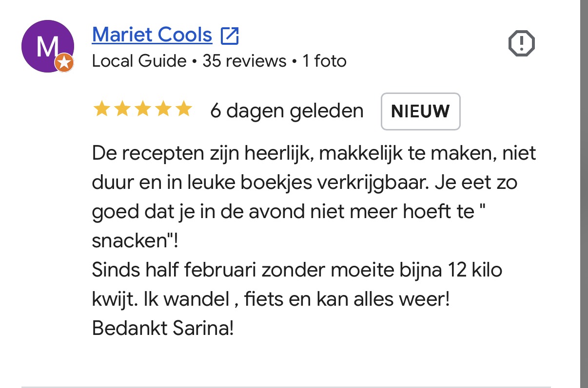 Google review Mariet: recepten heerlijk en makkelijk, 12 kilo kwijt